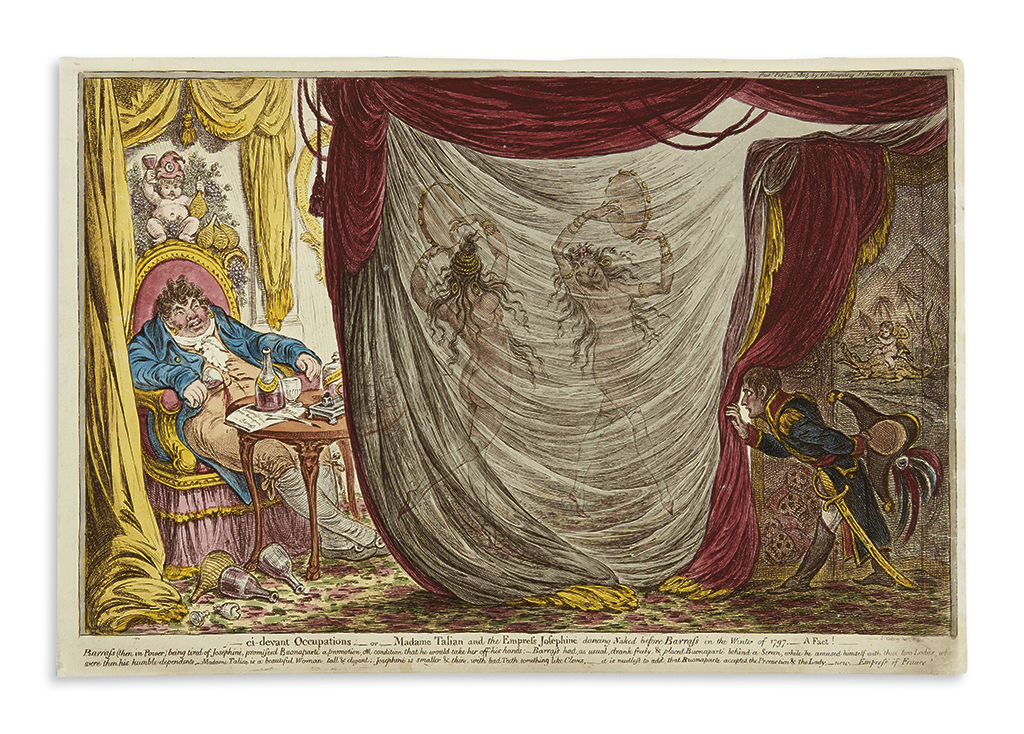 GILLRAY, JAMES. Ci-devant Occupations__or__Madame Talian and the Empress Josephine dancing Naked